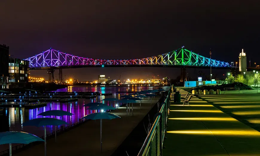 montreal rainbow bridges lit up